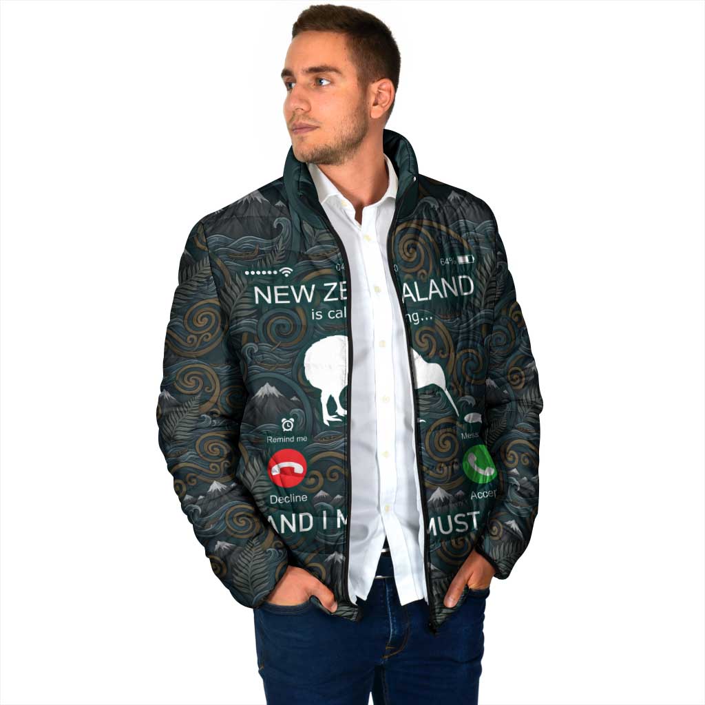 New Zealand is Calling and I Must Go Padded Jacket Kiwi Bird Silhouette