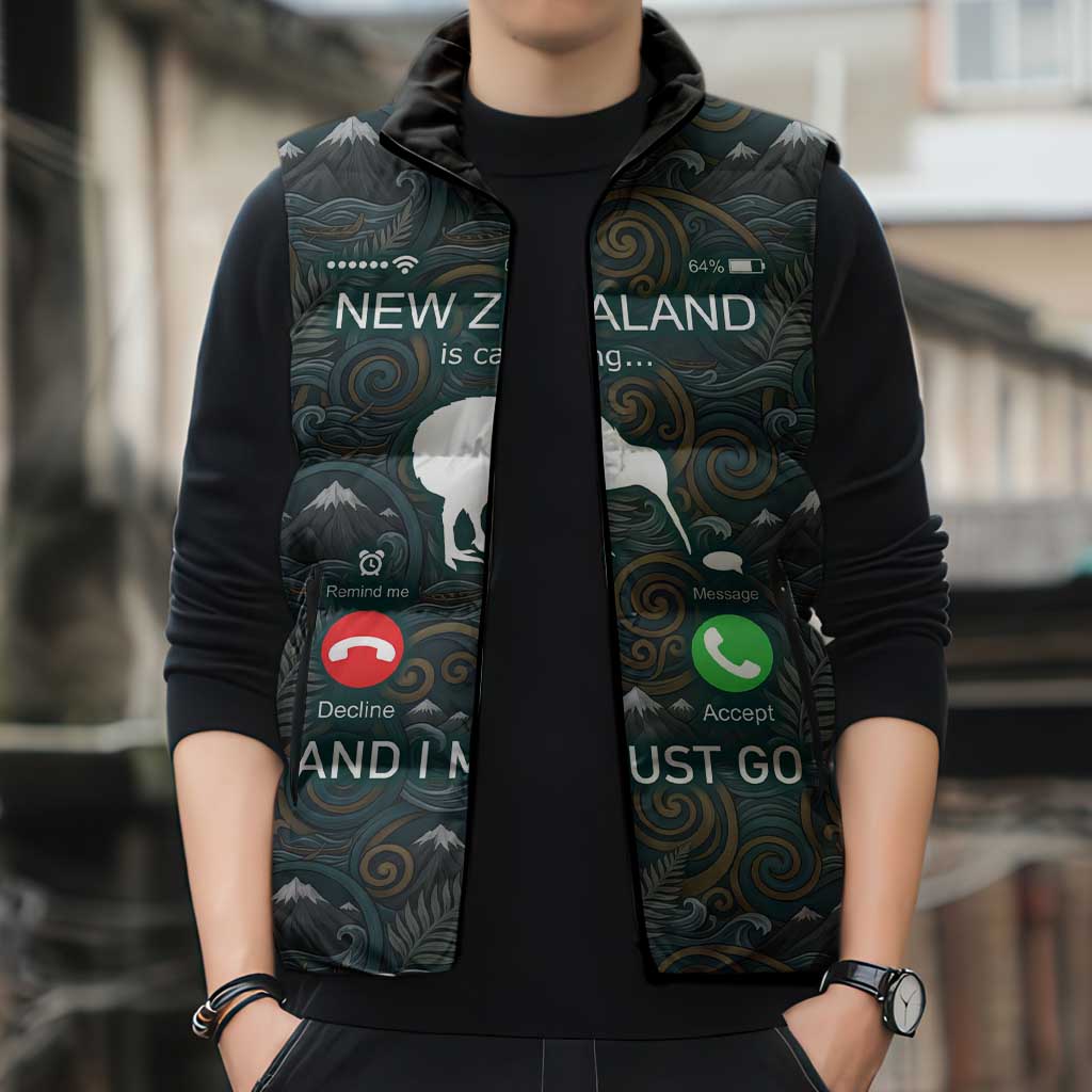 New Zealand is Calling and I Must Go Sleeveless Puffer Jacket Kiwi Bird Silhouette