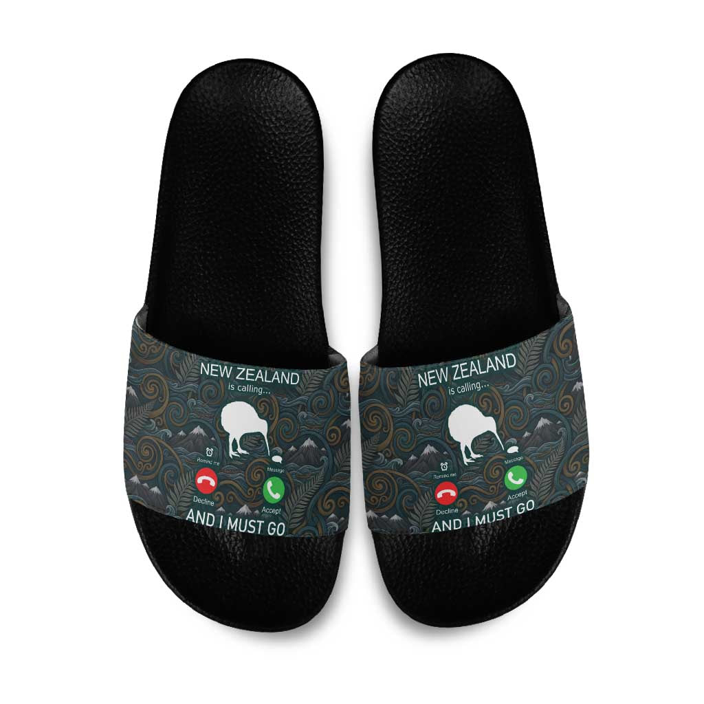 New Zealand is Calling and I Must Go Slide Sandals Kiwi Bird Silhouette