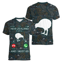 New Zealand is Calling and I Must Go Women V-Neck T-Shirt Kiwi Bird Silhouette TS04 - Polynesian Pride