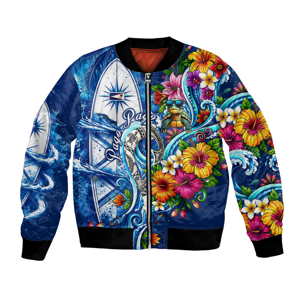 American Samoa Pago Pago Bomber Jacket Sea Turtle And Fruit Bat - Tropical Hibiscus Flowers Polynesian TS04 Unisex Blue White - Polynesian Pride