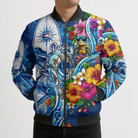 American Samoa Pago Pago Bomber Puffer Jacket Sea Turtle And Fruit Bat - Tropical Hibiscus Flowers Polynesian