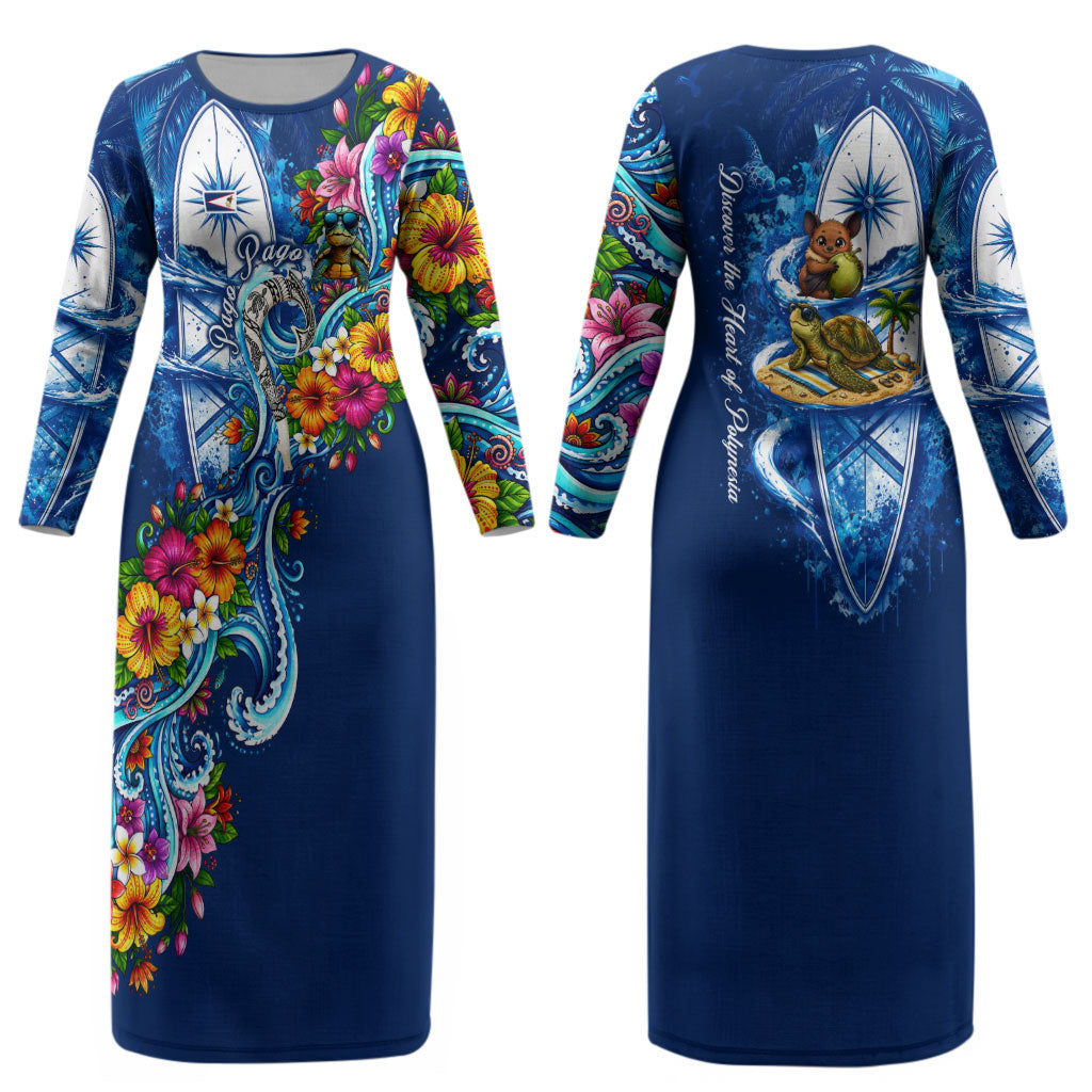 American Samoa Pago Pago Couples Matching Long Sleeve Bodycon Dress and Hawaiian Shirt Sea Turtle And Fruit Bat - Tropical Hibiscus Flowers Polynesian