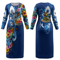 American Samoa Pago Pago Couples Matching Long Sleeve Bodycon Dress and Hawaiian Shirt Sea Turtle And Fruit Bat - Tropical Hibiscus Flowers Polynesian