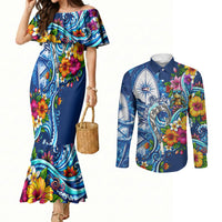 American Samoa Pago Pago Couples Matching Mermaid Dress and Long Sleeve Button Shirt Sea Turtle And Fruit Bat - Tropical Hibiscus Flowers Polynesian