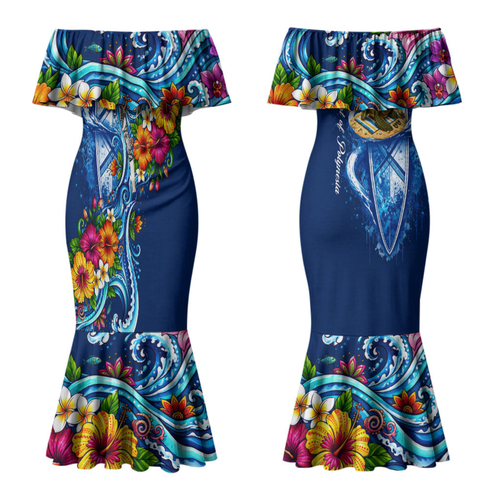 American Samoa Pago Pago Couples Matching Mermaid Dress and Long Sleeve Button Shirt Sea Turtle And Fruit Bat - Tropical Hibiscus Flowers Polynesian