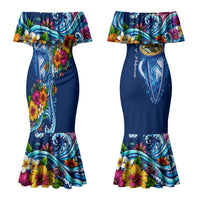 American Samoa Pago Pago Couples Matching Mermaid Dress and Long Sleeve Button Shirt Sea Turtle And Fruit Bat - Tropical Hibiscus Flowers Polynesian
