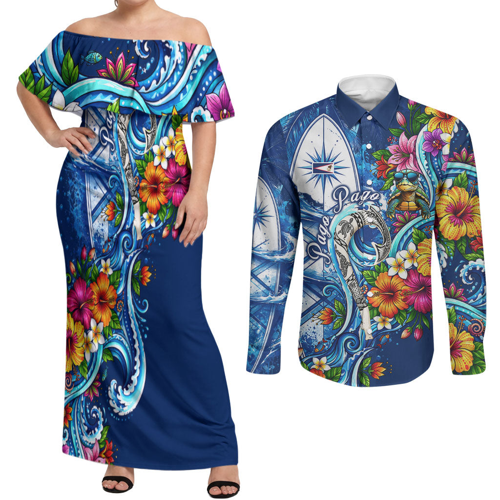 American Samoa Pago Pago Couples Matching Off Shoulder Maxi Dress and Long Sleeve Button Shirt Sea Turtle And Fruit Bat - Tropical Hibiscus Flowers Polynesian