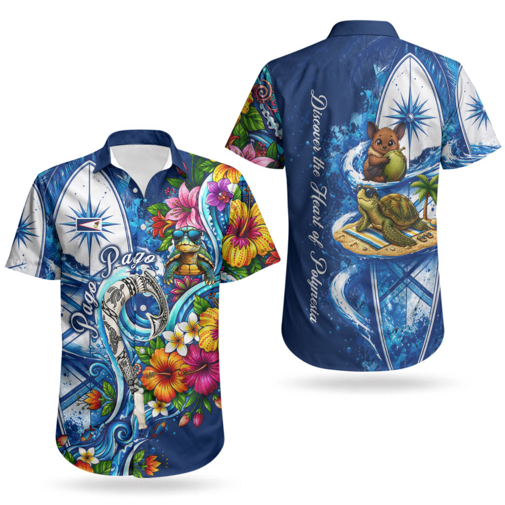 American Samoa Pago Pago Couples Matching Off Shoulder Short Dress and Hawaiian Shirt Sea Turtle And Fruit Bat - Tropical Hibiscus Flowers Polynesian