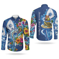 American Samoa Pago Pago Couples Matching Off Shoulder Short Dress and Long Sleeve Button Shirt Sea Turtle And Fruit Bat - Tropical Hibiscus Flowers Polynesian