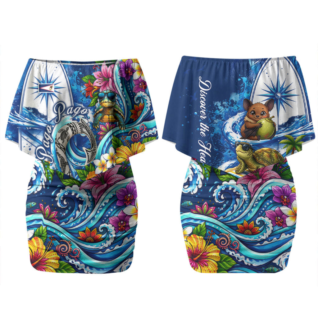 American Samoa Pago Pago Couples Matching Off Shoulder Short Dress and Long Sleeve Button Shirt Sea Turtle And Fruit Bat - Tropical Hibiscus Flowers Polynesian