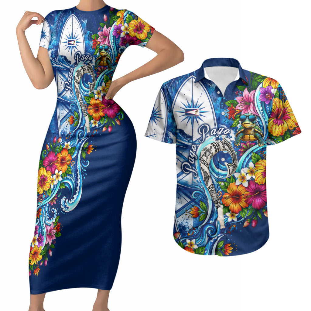 American Samoa Pago Pago Couples Matching Short Sleeve Bodycon Dress and Hawaiian Shirt Sea Turtle And Fruit Bat - Tropical Hibiscus Flowers Polynesian
