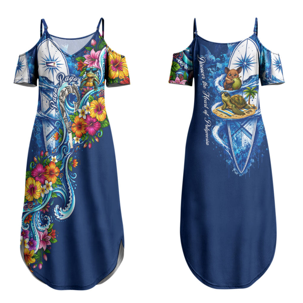 American Samoa Pago Pago Couples Matching Summer Maxi Dress and Hawaiian Shirt Sea Turtle And Fruit Bat - Tropical Hibiscus Flowers Polynesian
