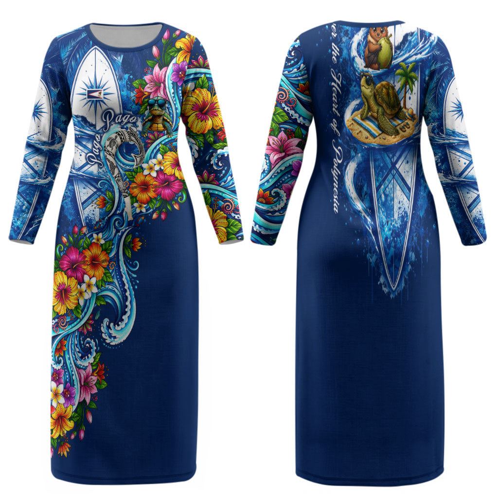 American Samoa Pago Pago Family Matching Long Sleeve Bodycon Dress and Hawaiian Shirt Sea Turtle And Fruit Bat - Tropical Hibiscus Flowers Polynesian