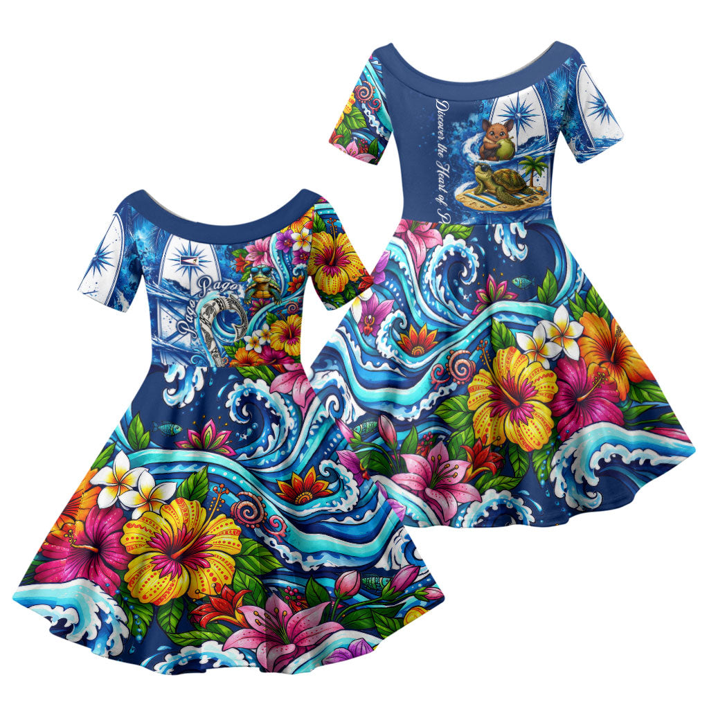American Samoa Pago Pago Family Matching Off The Shoulder Long Sleeve Dress and Hawaiian Shirt Sea Turtle And Fruit Bat - Tropical Hibiscus Flowers Polynesian