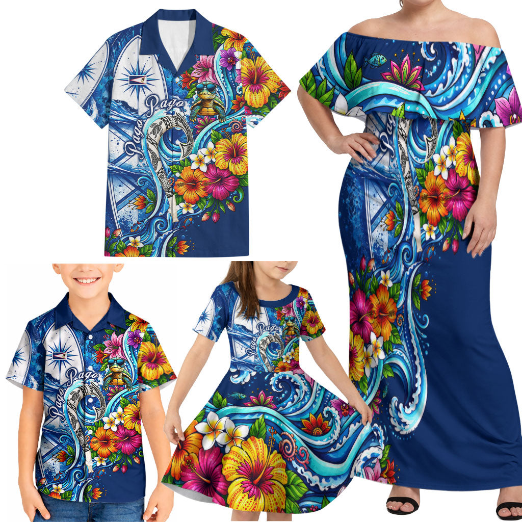 American Samoa Pago Pago Family Matching Off Shoulder Maxi Dress and Hawaiian Shirt Sea Turtle And Fruit Bat - Tropical Hibiscus Flowers Polynesian
