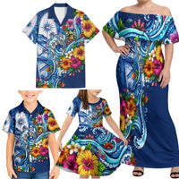 American Samoa Pago Pago Family Matching Off Shoulder Maxi Dress and Hawaiian Shirt Sea Turtle And Fruit Bat - Tropical Hibiscus Flowers Polynesian