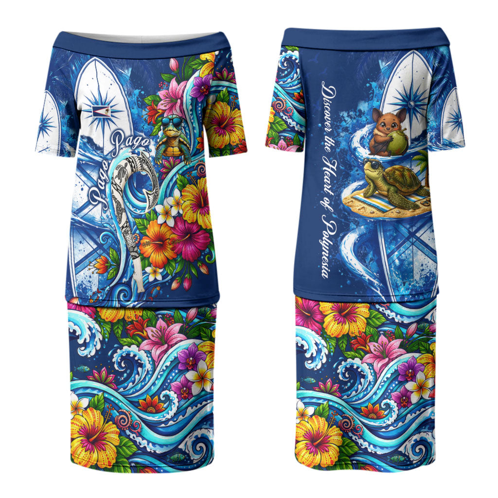 American Samoa Pago Pago Family Matching Puletasi and Hawaiian Shirt Sea Turtle And Fruit Bat - Tropical Hibiscus Flowers Polynesian