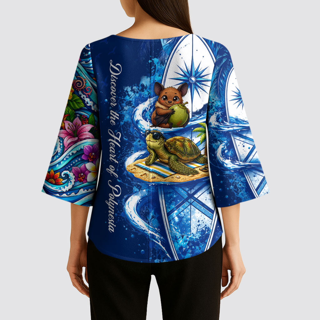 American Samoa Pago Pago Kimono Sleeve Blouse Sea Turtle And Fruit Bat - Tropical Hibiscus Flowers Polynesian