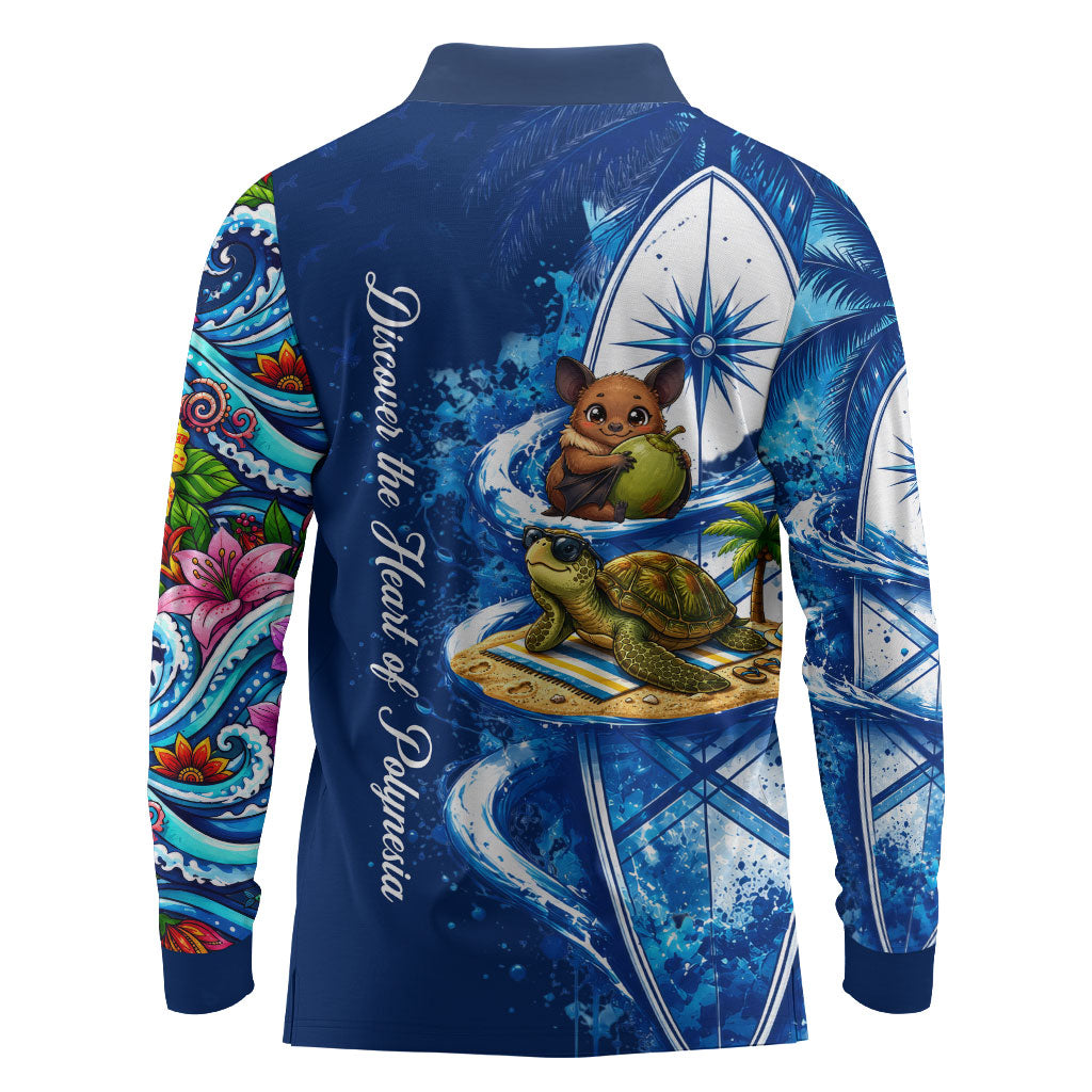 American Samoa Pago Pago Long Sleeve Polo Shirt Sea Turtle And Fruit Bat - Tropical Hibiscus Flowers Polynesian