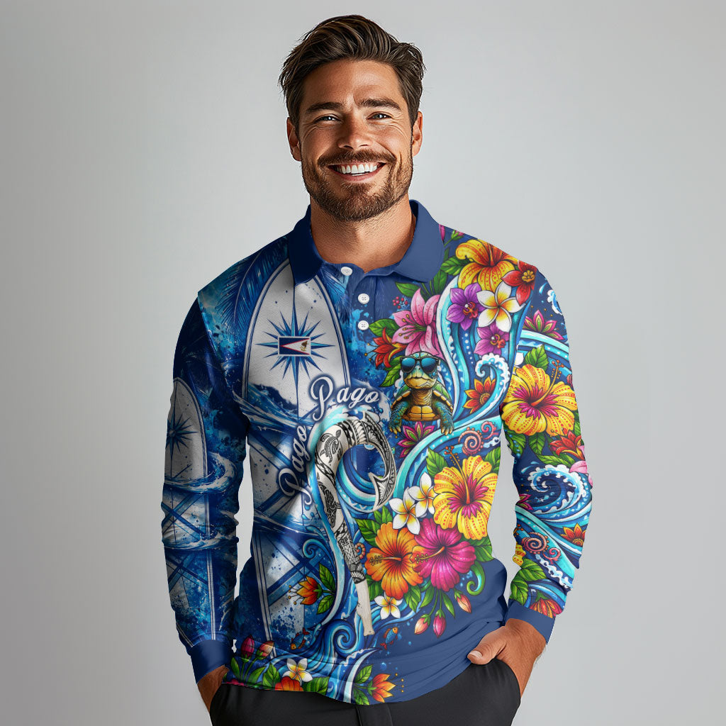 American Samoa Pago Pago Long Sleeve Polo Shirt Sea Turtle And Fruit Bat - Tropical Hibiscus Flowers Polynesian