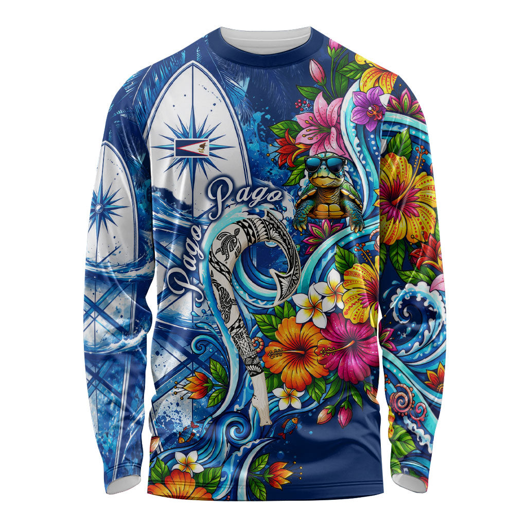 American Samoa Pago Pago Long Sleeve Shirt Sea Turtle And Fruit Bat - Tropical Hibiscus Flowers Polynesian TS04 Unisex Blue White - Polynesian Pride