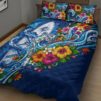 American Samoa Pago Pago Quilt Bed Set Sea Turtle And Fruit Bat - Tropical Hibiscus Flowers Polynesian