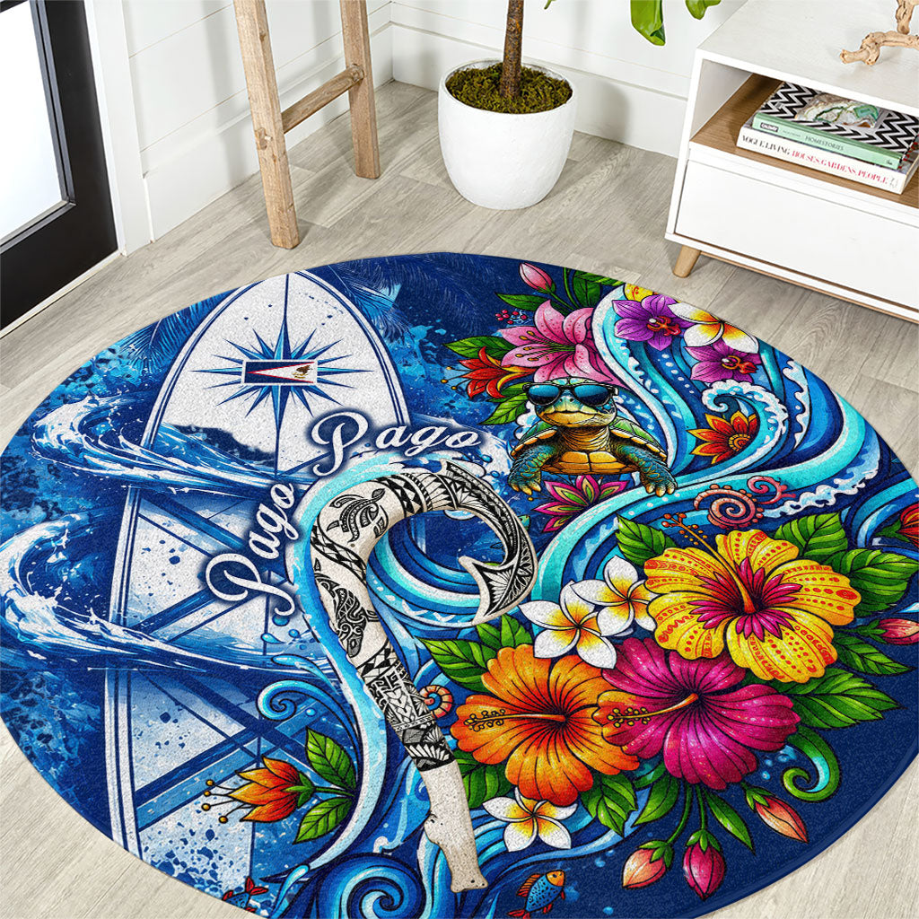 American Samoa Pago Pago Round Carpet Sea Turtle And Fruit Bat - Tropical Hibiscus Flowers Polynesian
