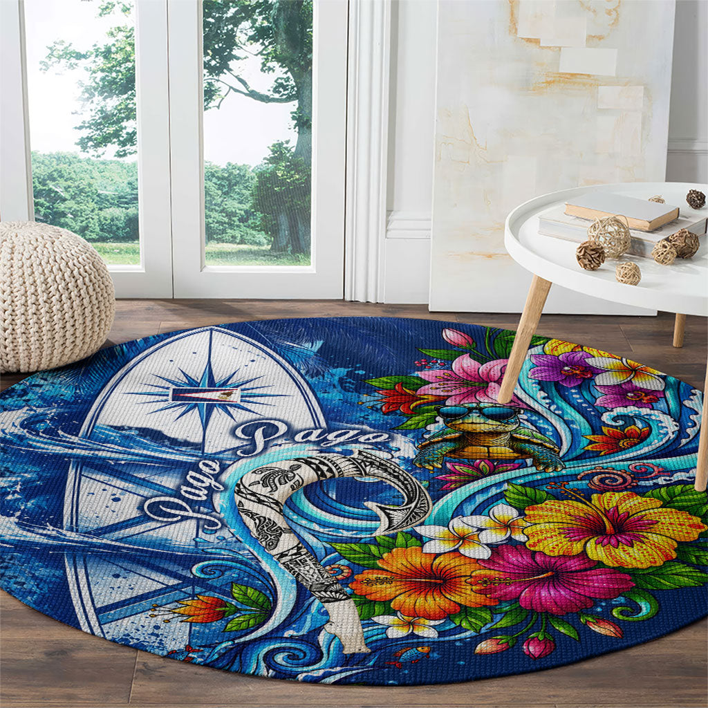 American Samoa Pago Pago Round Carpet Sea Turtle And Fruit Bat - Tropical Hibiscus Flowers Polynesian