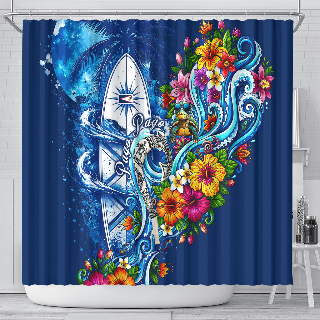 American Samoa Pago Pago Shower Curtain Sea Turtle And Fruit Bat - Tropical Hibiscus Flowers Polynesian