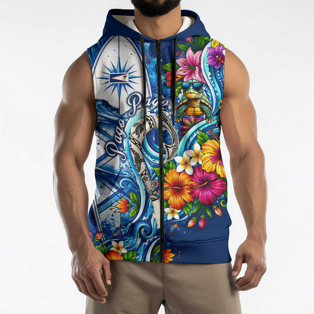 American Samoa Pago Pago Sleeveless Zip Hoodie Sea Turtle And Fruit Bat - Tropical Hibiscus Flowers Polynesian
