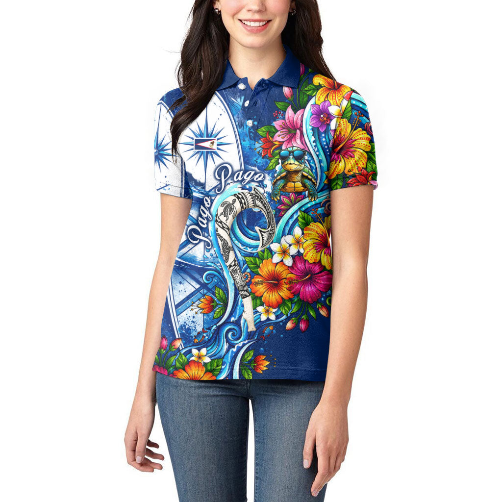 American Samoa Pago Pago Women Polo Shirt Sea Turtle And Fruit Bat - Tropical Hibiscus Flowers Polynesian