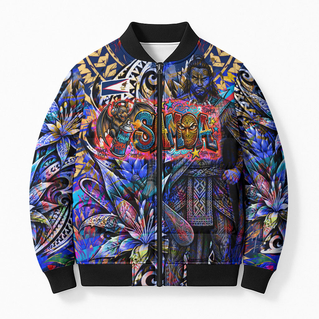 American Samoa Warrior Bomber Puffer Jacket Polynesian Fruit Bat Talofa Urban Graffiti Street Art TS04 Unisex Blue Yellow - Polynesian Pride