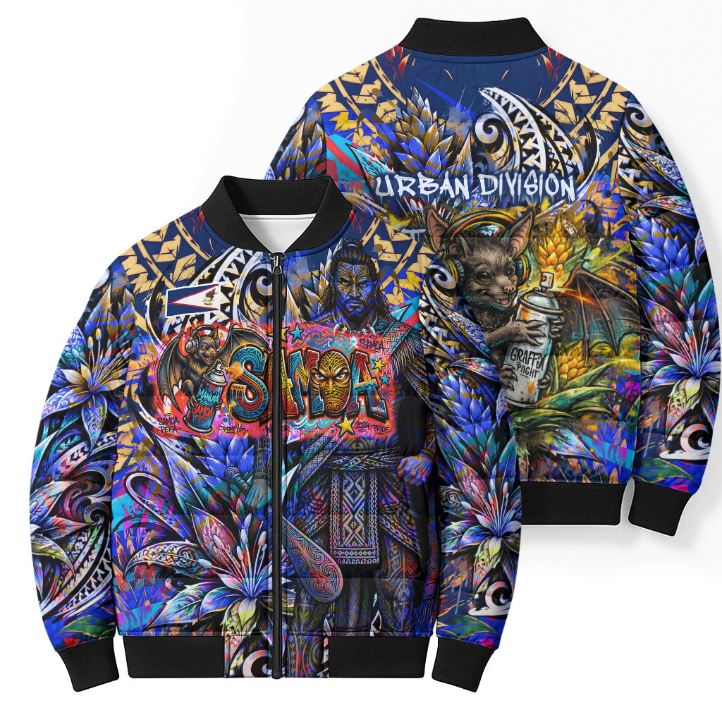 American Samoa Warrior Bomber Puffer Jacket Polynesian Fruit Bat Talofa Urban Graffiti Street Art