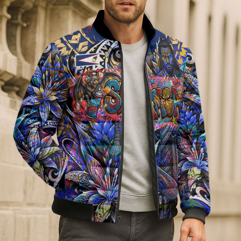 American Samoa Warrior Bomber Puffer Jacket Polynesian Fruit Bat Talofa Urban Graffiti Street Art