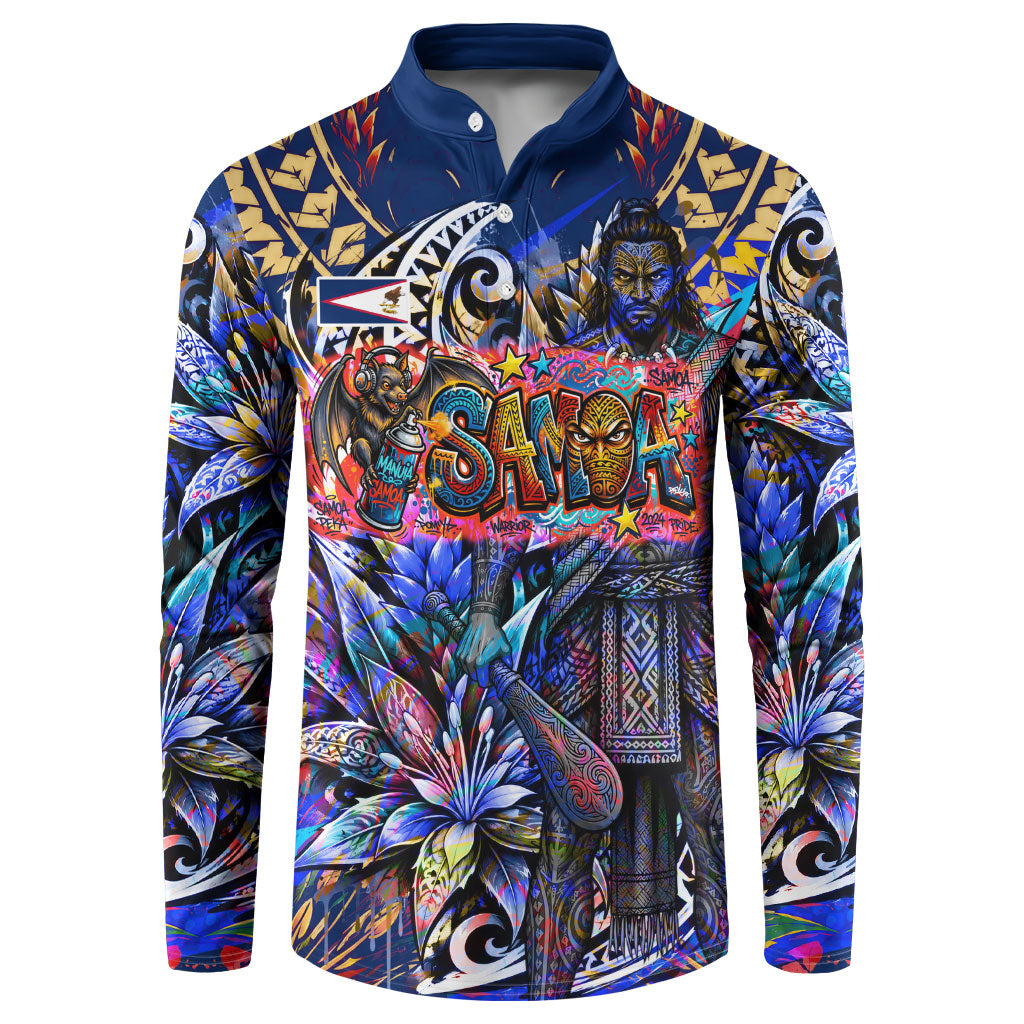 American Samoa Warrior Button Sweatshirt Polynesian Fruit Bat Talofa Urban Graffiti Street Art TS04 Blue Yellow - Polynesian Pride