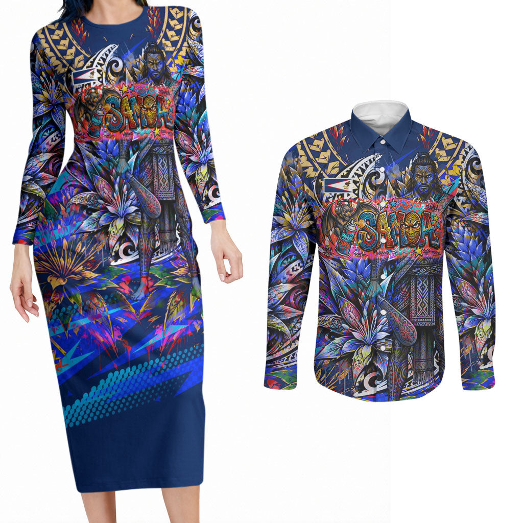American Samoa Warrior Couples Matching Long Sleeve Bodycon Dress and Long Sleeve Button Shirt Polynesian Fruit Bat Talofa Urban Graffiti Street Art