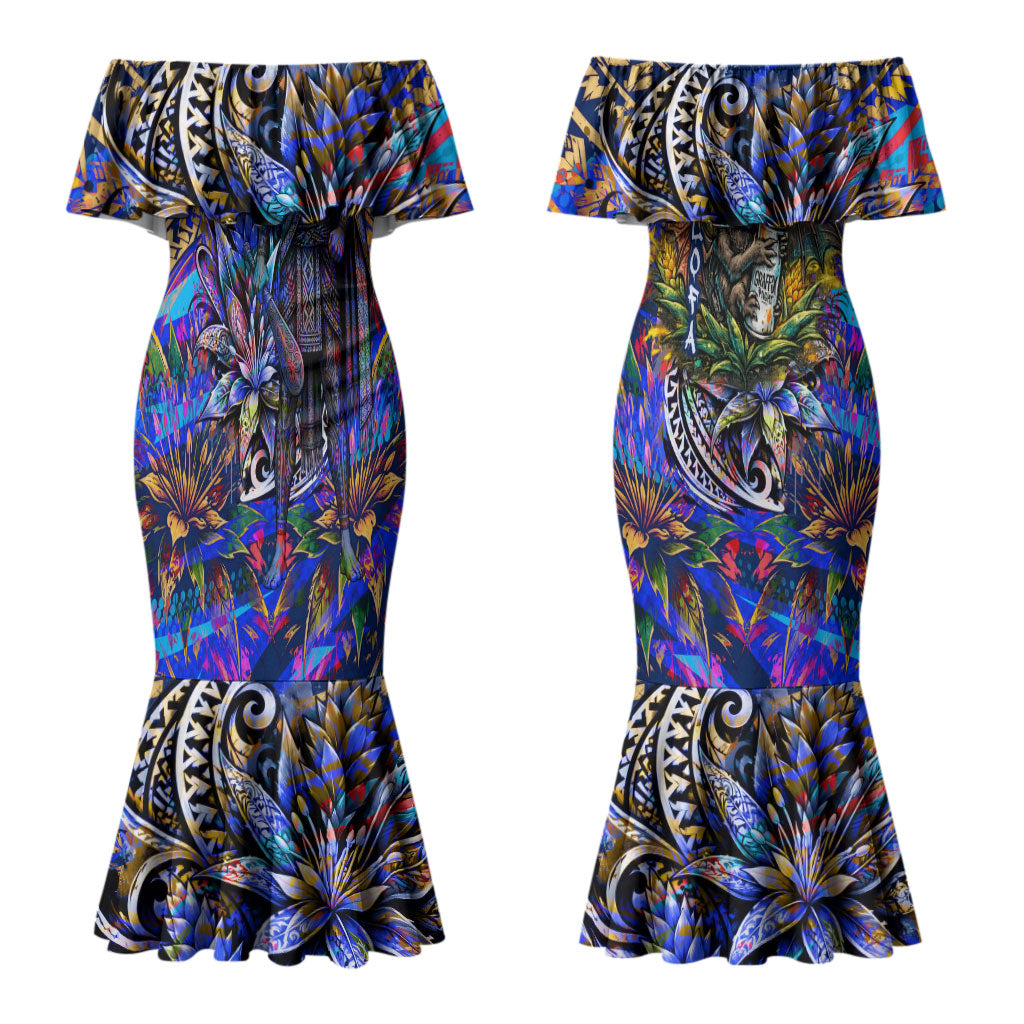 American Samoa Warrior Couples Matching Mermaid Dress and Hawaiian Shirt Polynesian Fruit Bat Talofa Urban Graffiti Street Art