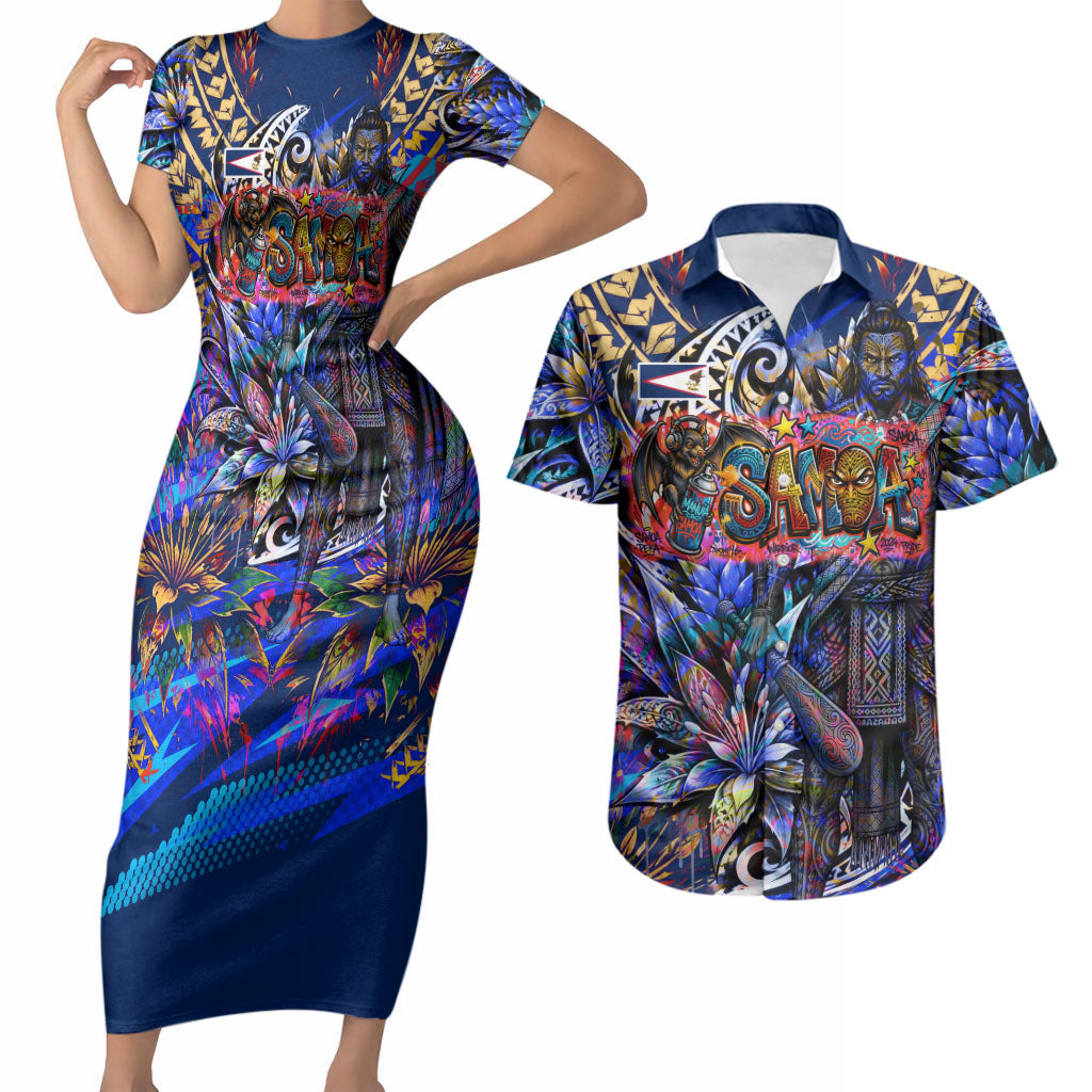 American Samoa Warrior Couples Matching Short Sleeve Bodycon Dress and Hawaiian Shirt Polynesian Fruit Bat Talofa Urban Graffiti Street Art