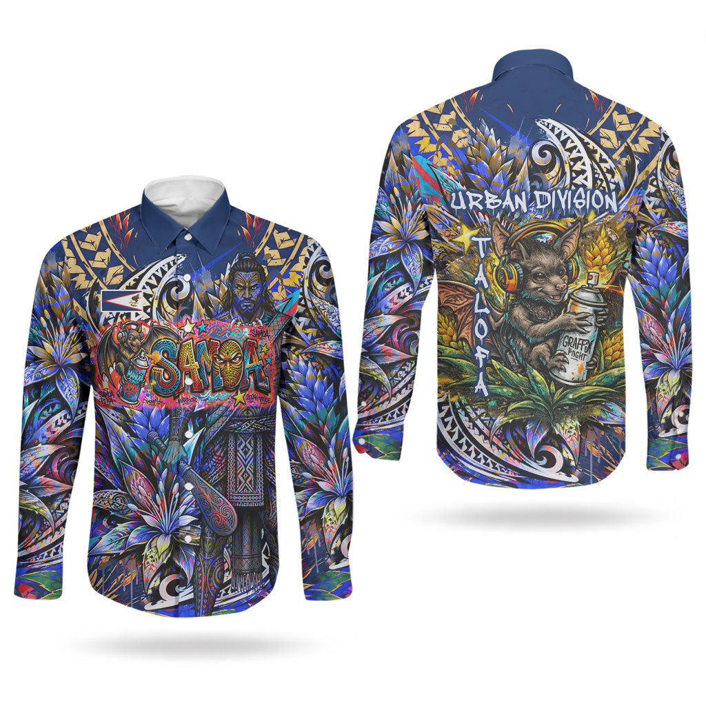 American Samoa Warrior Couples Matching Short Sleeve Bodycon Dress and Long Sleeve Button Shirt Polynesian Fruit Bat Talofa Urban Graffiti Street Art