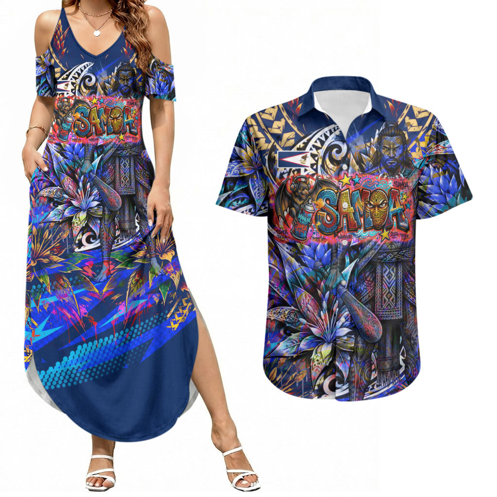 American Samoa Warrior Couples Matching Summer Maxi Dress and Hawaiian Shirt Polynesian Fruit Bat Talofa Urban Graffiti Street Art TS04 Blue Yellow - Polynesian Pride