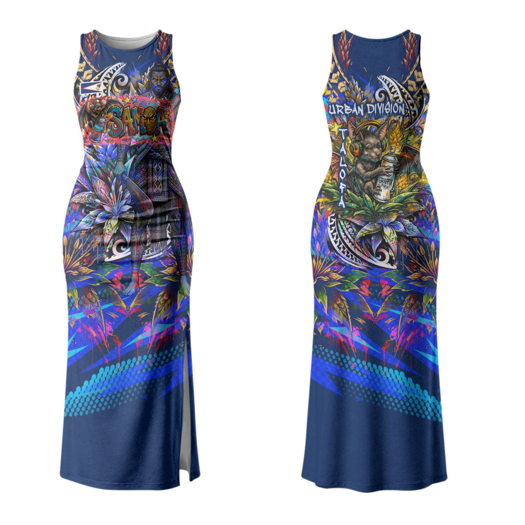 American Samoa Warrior Couples Matching Tank Maxi Dress and Hawaiian Shirt Polynesian Fruit Bat Talofa Urban Graffiti Street Art