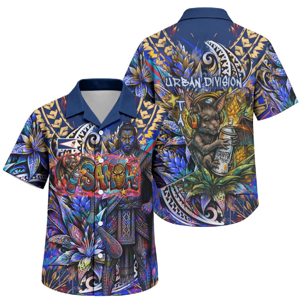 American Samoa Warrior Family Matching Off The Shoulder Long Sleeve Dress and Hawaiian Shirt Polynesian Fruit Bat Talofa Urban Graffiti Street Art