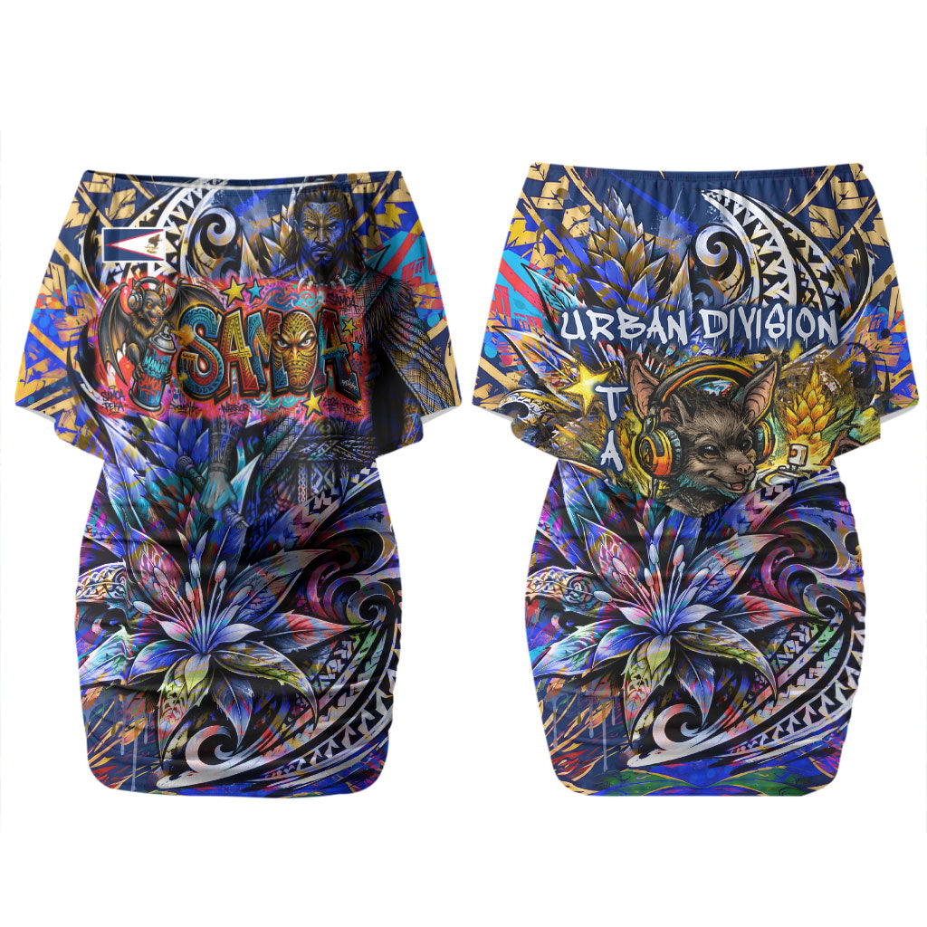 American Samoa Warrior Family Matching Off Shoulder Short Dress and Hawaiian Shirt Polynesian Fruit Bat Talofa Urban Graffiti Street Art