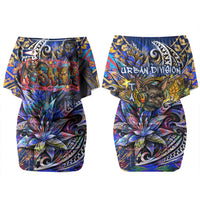 American Samoa Warrior Family Matching Off Shoulder Short Dress and Hawaiian Shirt Polynesian Fruit Bat Talofa Urban Graffiti Street Art