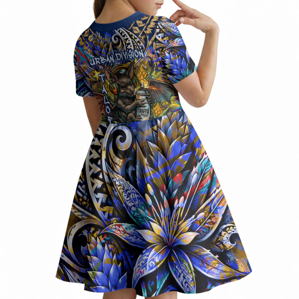 American Samoa Warrior Kid Short Sleeve Dress Polynesian Fruit Bat Talofa Urban Graffiti Street Art