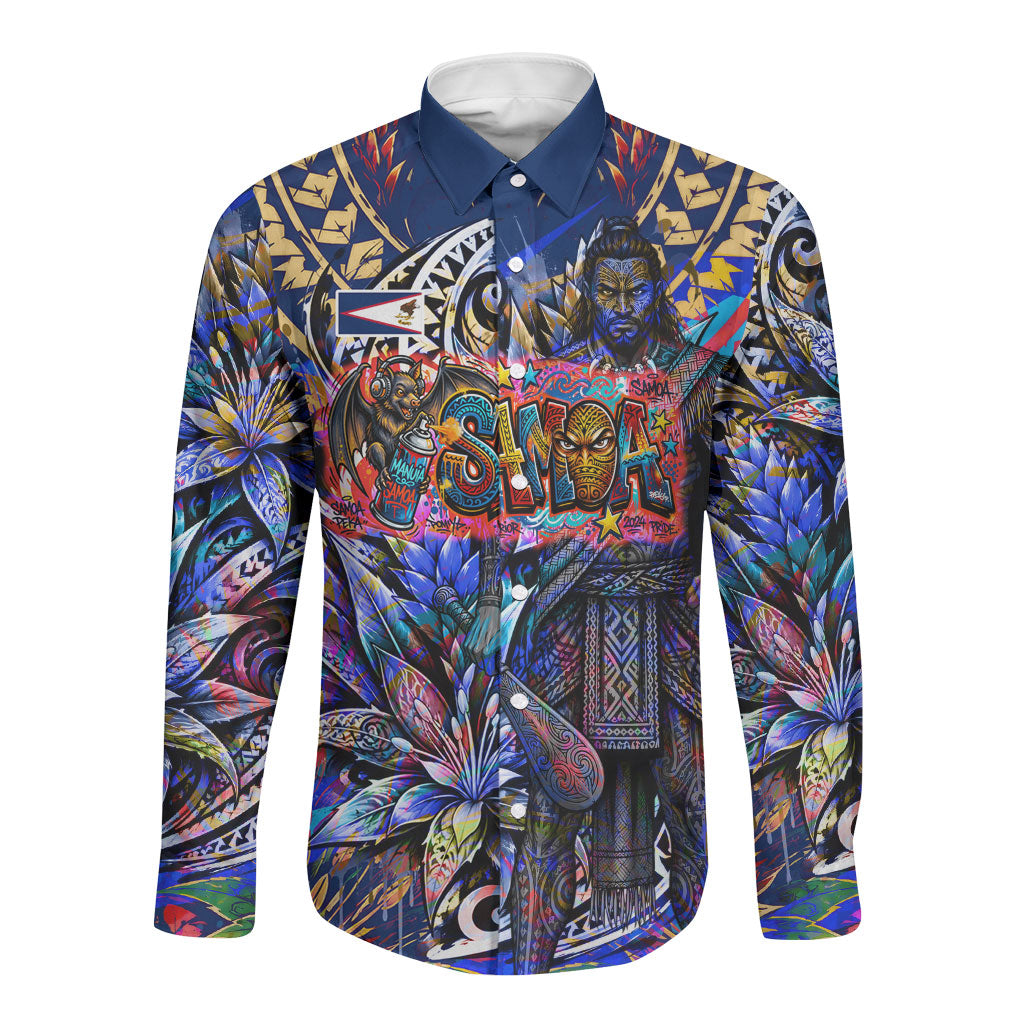 American Samoa Warrior Long Sleeve Button Shirt Polynesian Fruit Bat Talofa Urban Graffiti Street Art TS04 Unisex Blue Yellow - Polynesian Pride