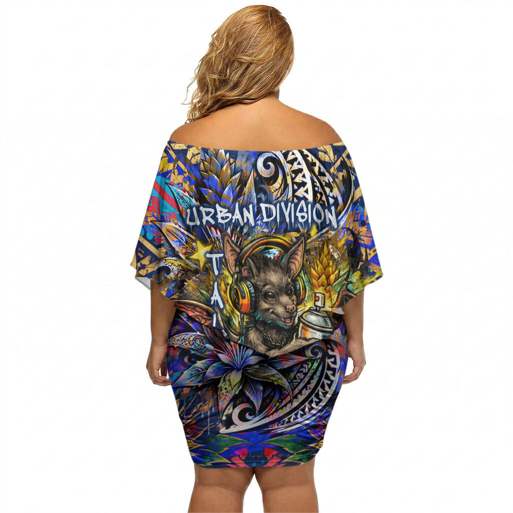 American Samoa Warrior Off Shoulder Short Dress Polynesian Fruit Bat Talofa Urban Graffiti Street Art