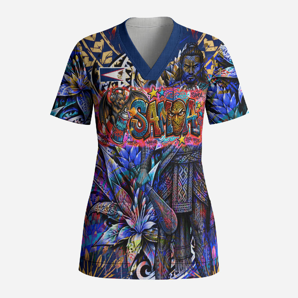 American Samoa Warrior Scrub Top Polynesian Fruit Bat Talofa Urban Graffiti Street Art TS04 Adult Blue Yellow - Polynesian Pride