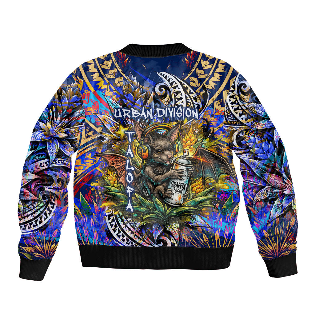 American Samoa Warrior Sleeve Zip Bomber Jacket Polynesian Fruit Bat Talofa Urban Graffiti Street Art